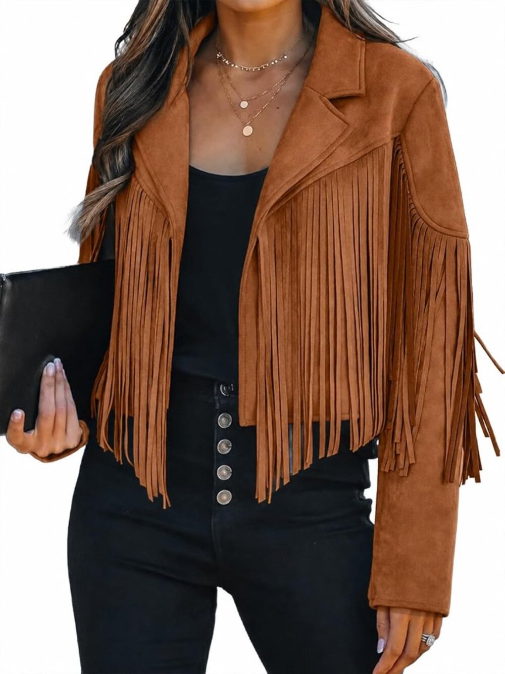 Women's Tan Leather Trendy Western Fringe Cropped Tassel Motorcycle Jackets